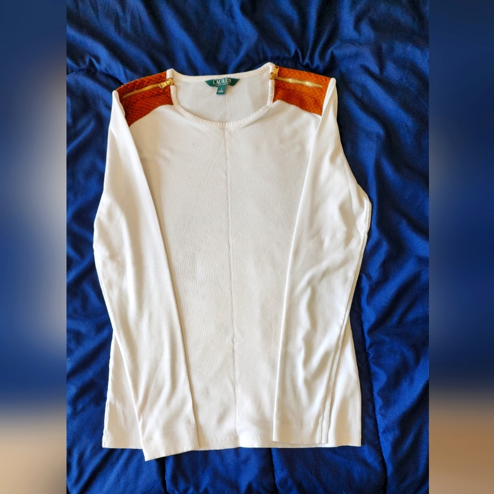 Ralpg LaurenWhite Long Sleeve Top with Orange Accents